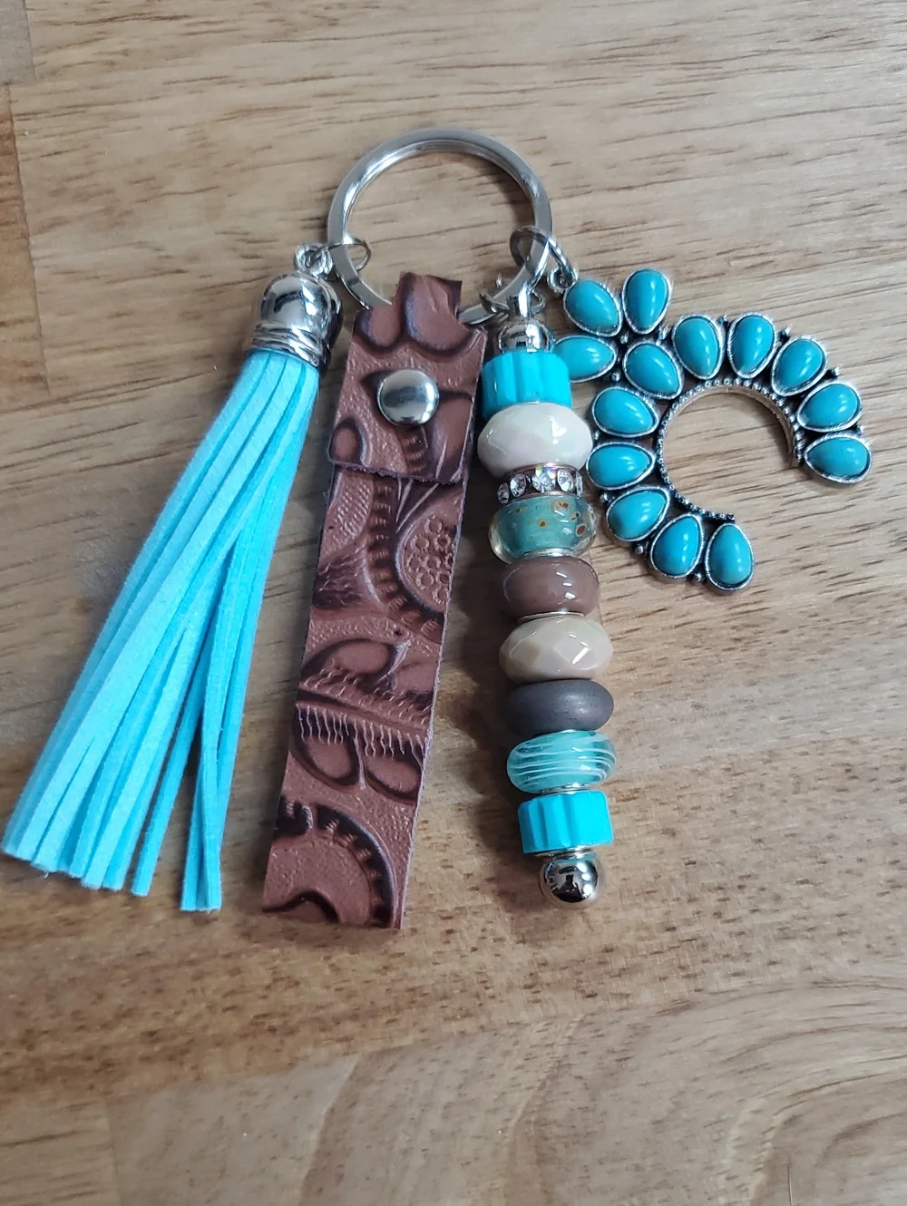 Turquoise Bead & Tassel Keychain with Brown Leather Strap